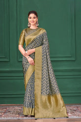 India Silk Beige With Black Pattern Sarees Featuring Tussar Silk Jacquard Combine Traditional Craftsmanship With Elegant